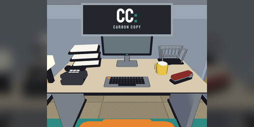 Cc: cover art: an office desk with a monitor reading Carbon Copy, a keyboard, paper trays and a mug