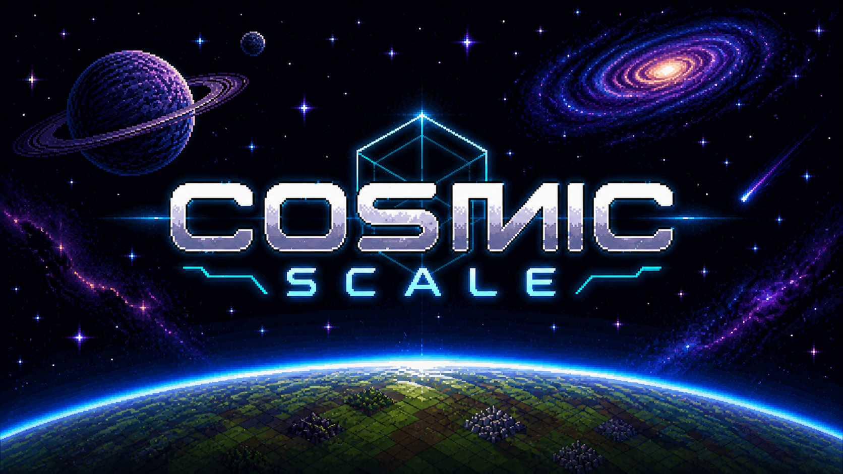 Cosmic Scale wide gameplay banner — factory at scale with conveyor belts and assemblers