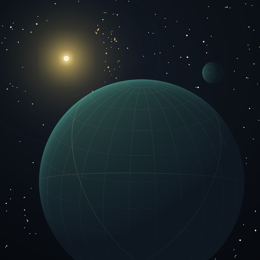 Cosmic Scale placeholder key art: a gridded planet and its Dyson swarm