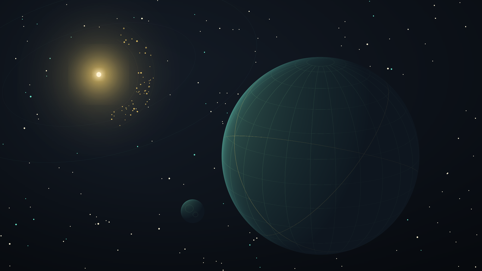Placeholder key art for Cosmic Scale: a tiled planet, its moon, and a Dyson swarm arcing off the star